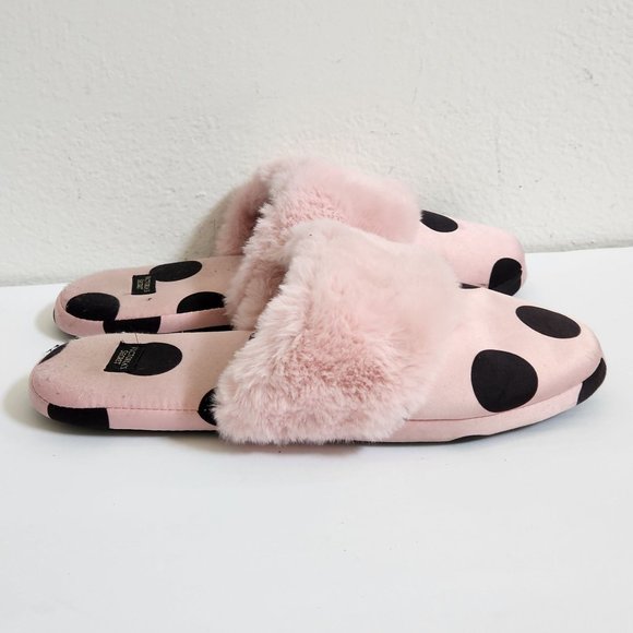 Victoria's Secret Signature Satin Slippers Pink/Black Polka Dot with Faux Fur Si - Picture 5 of 7